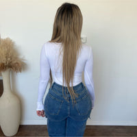 Marissa Deep V Neck Long Sleeve Bodysuit (White)