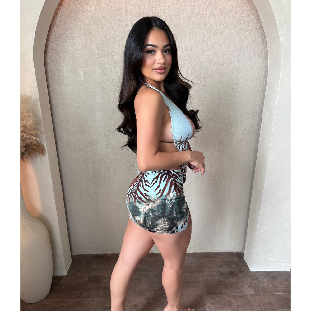 Makayla Halter Dress (Aqua/Brown)