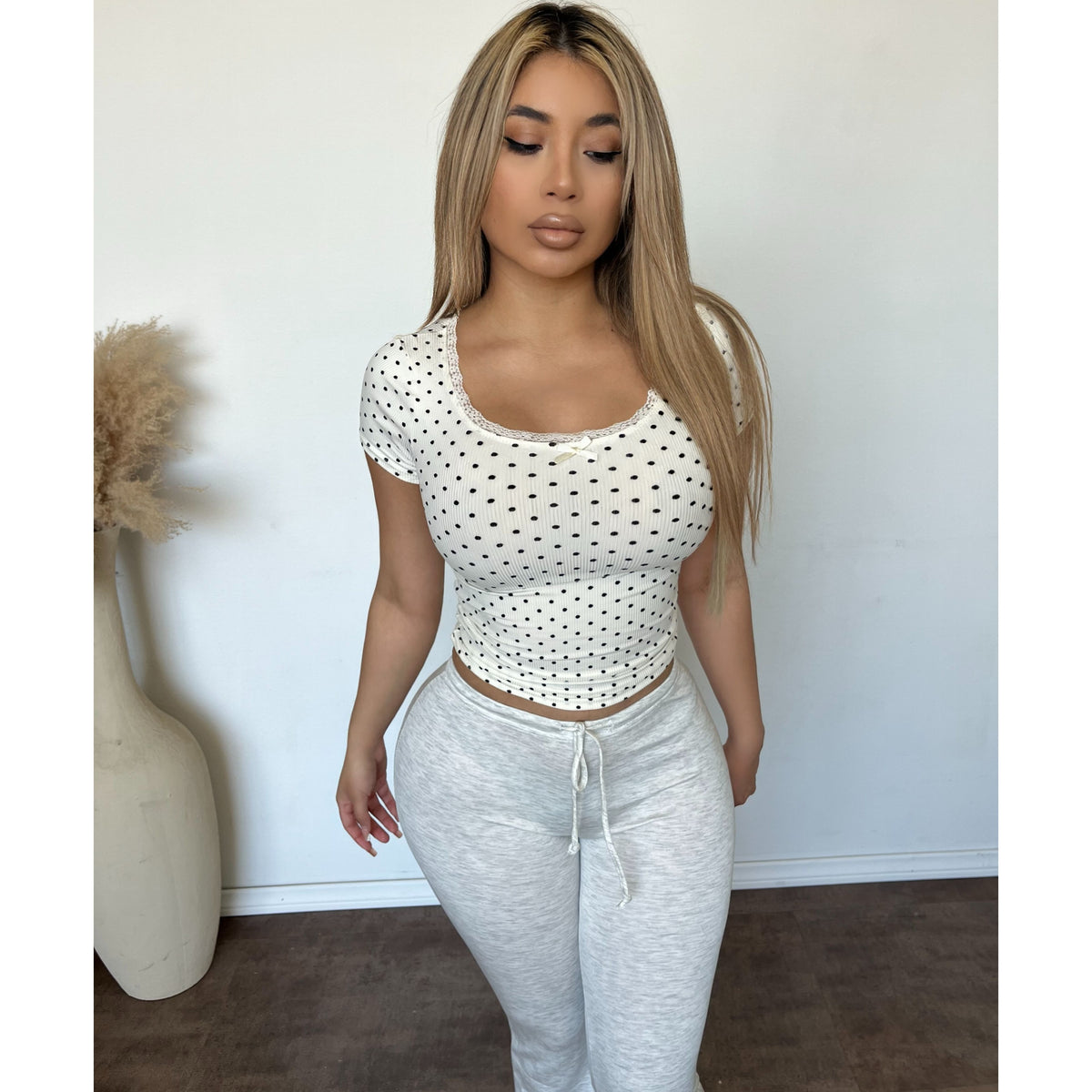 Angie Square Rib Neck Top W Lace Trim Polka Dot  (Ivory/Black)