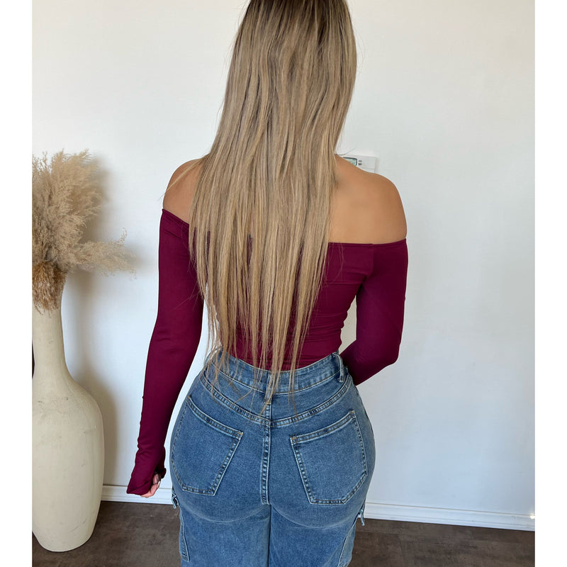 Wendy Long Sleeve Off Shoulder Top (Burgundy)