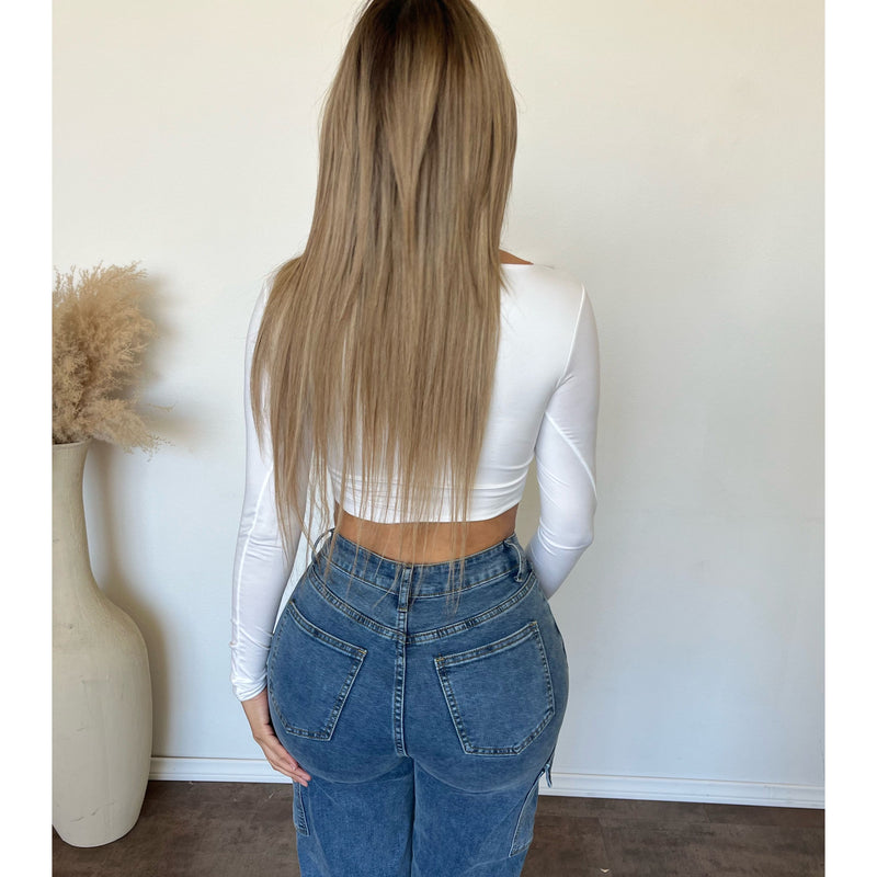 Ally Long Sleeve Square Neck Crop Top (Off White)