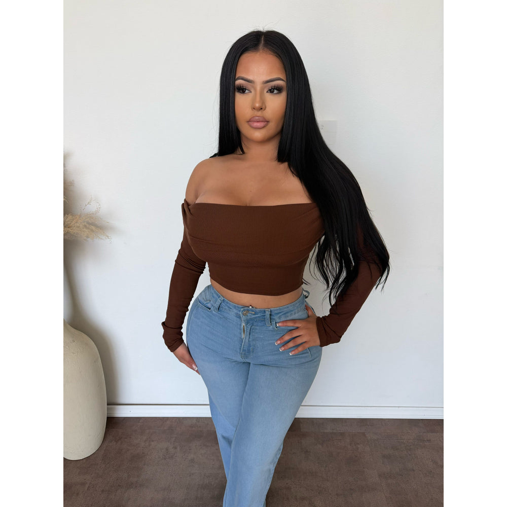 Denise Ribbed Knit Off Shoulder Long Sleeve Top (Espresso)