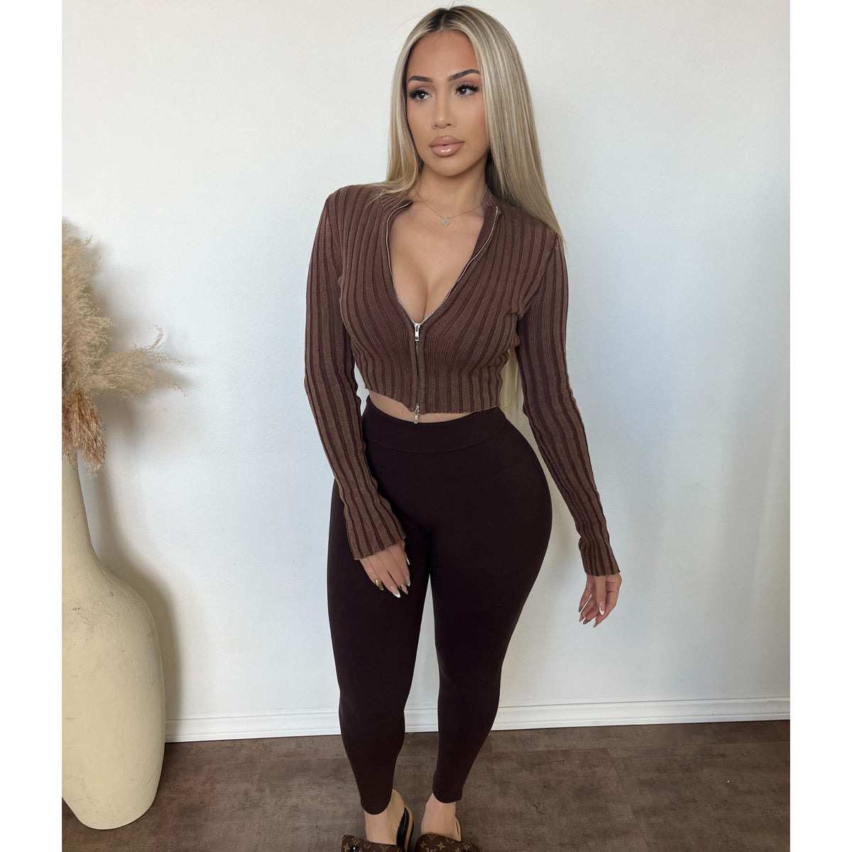 Audrey Rib Zip Up Sweater (Brown)