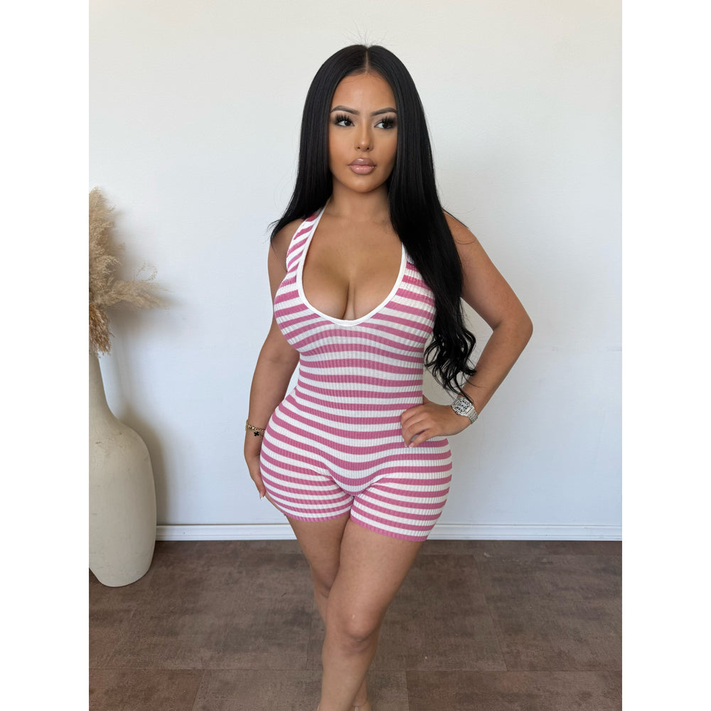 Jess Stripe Halter Neck lace Up Romper (White/Pink)