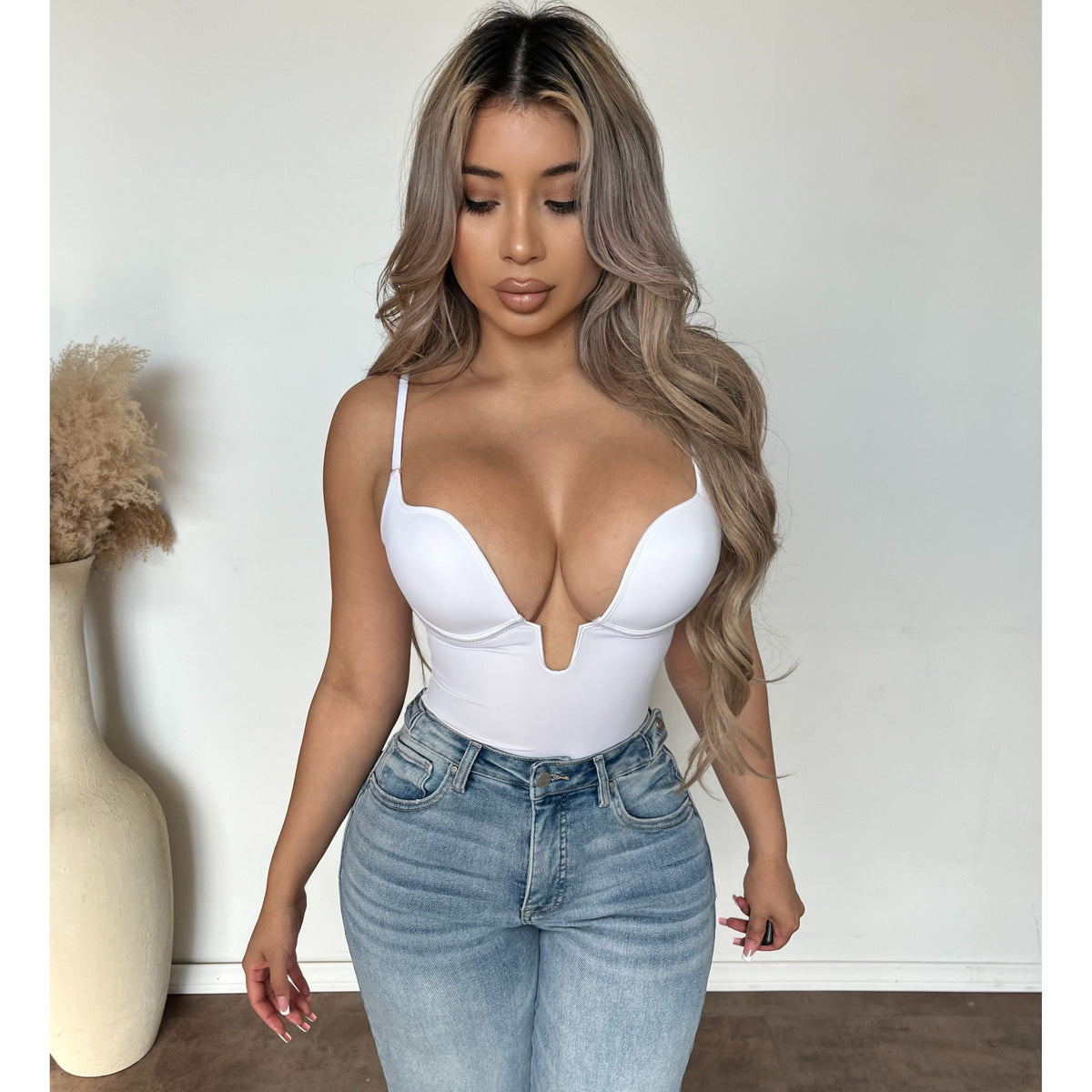 Drea Deep V Neck Padded Bodysuit (White)