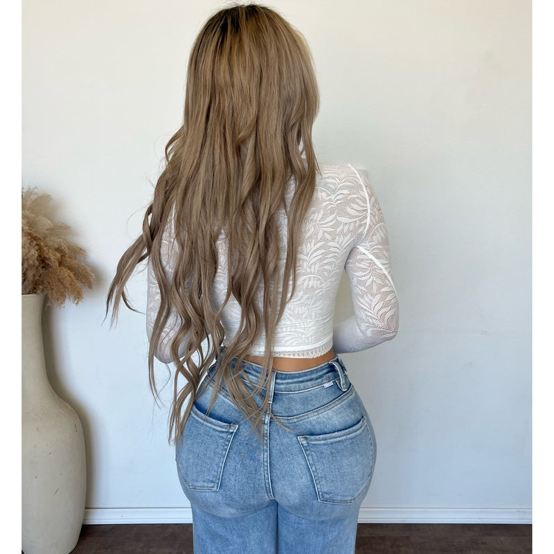 Veronica Lace Deep V Neck Long Sleeve Top (White)