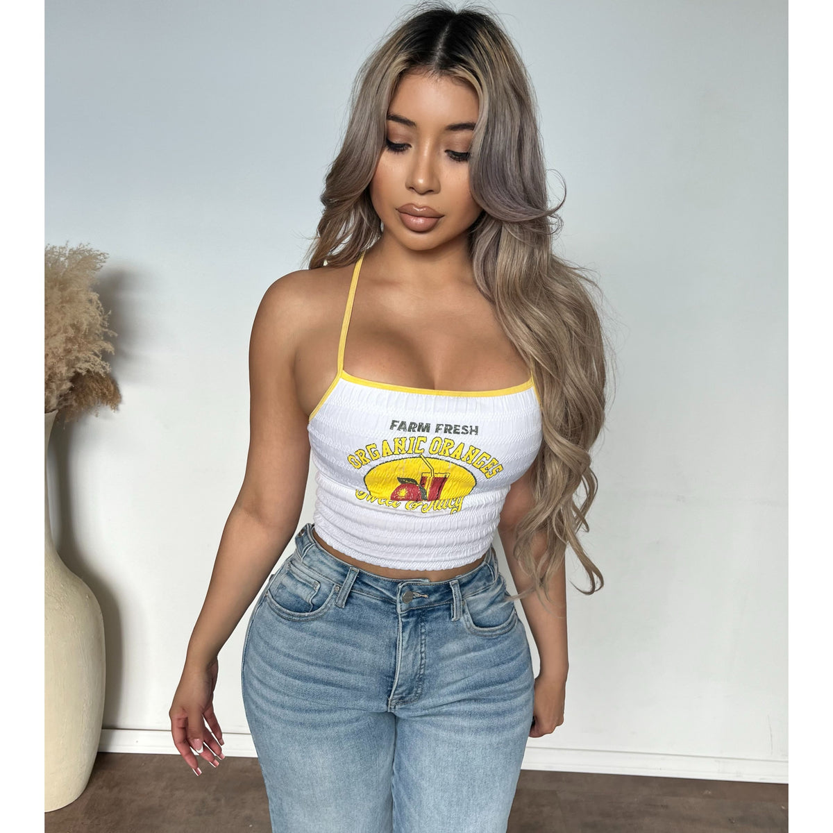 Riley Smocked Graphic Cami Tee (White)