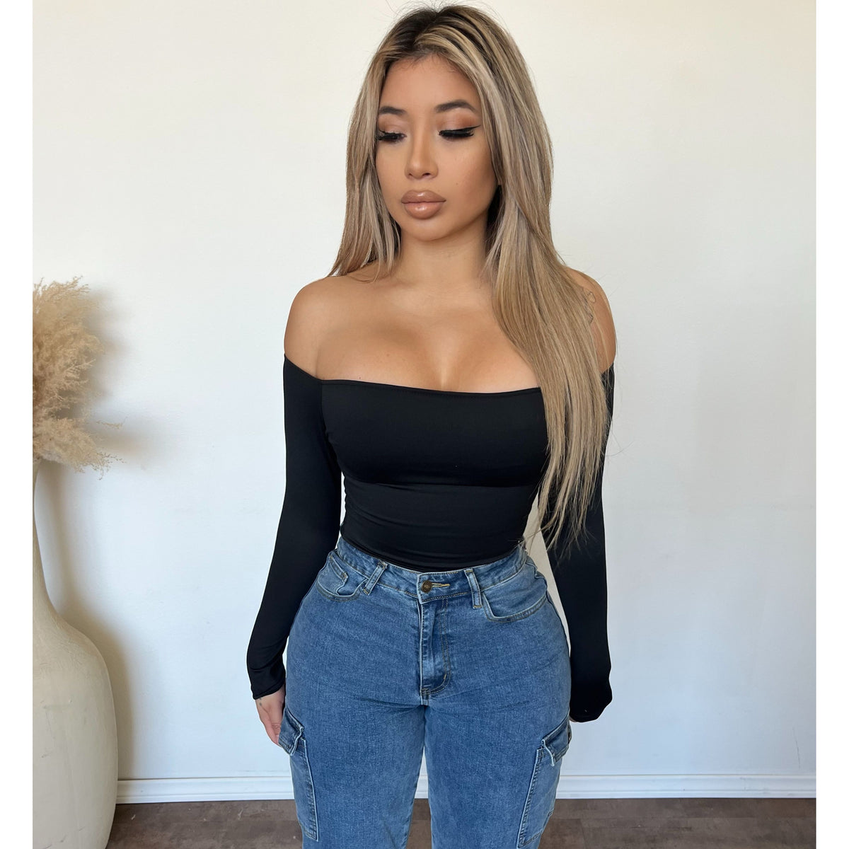 Elena Long Sleeve Off Shoulder Top (Black)
