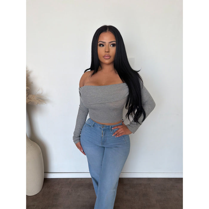 Denise Ribbed Knit Off Shoulder Long Sleeve Top (Heather Grey)