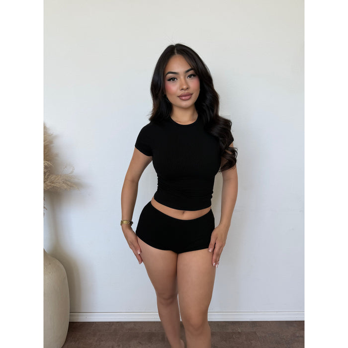 Isabella Snatched Crop Top & Shorts Set (Black)