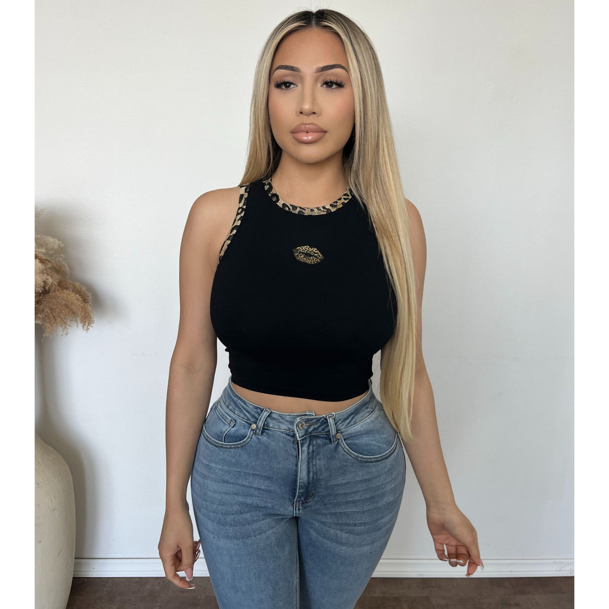 Marissa Leopard Lip Print Tank Top (Black)