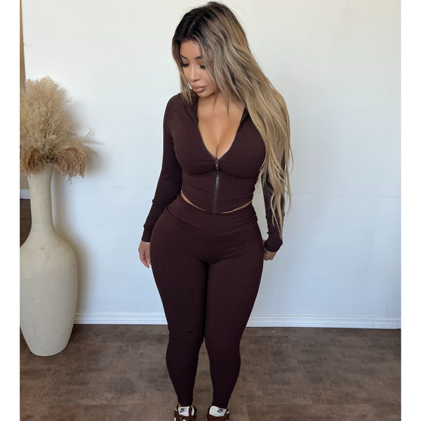 Bianca Snatched Zip Up Hoodie W Matching Leggings (Chocolate)