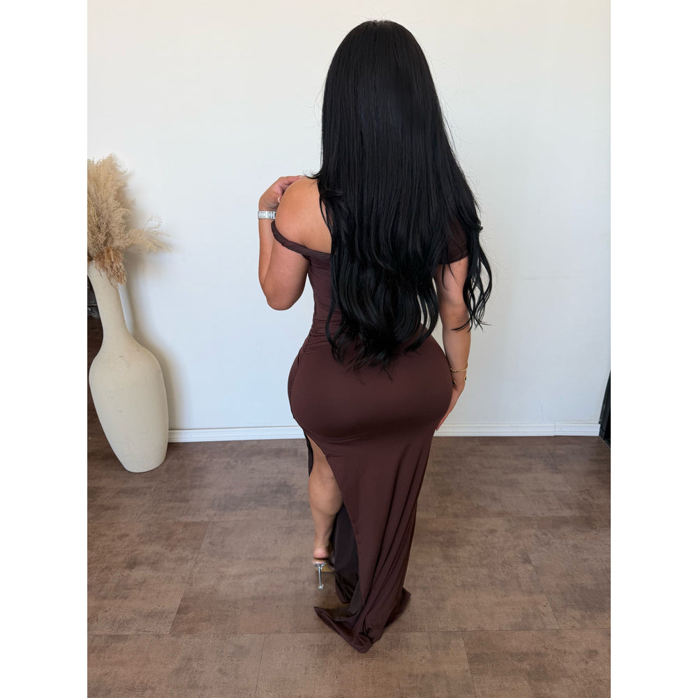 Jessica One Shoulder Twist Maxi Dress (Brown)