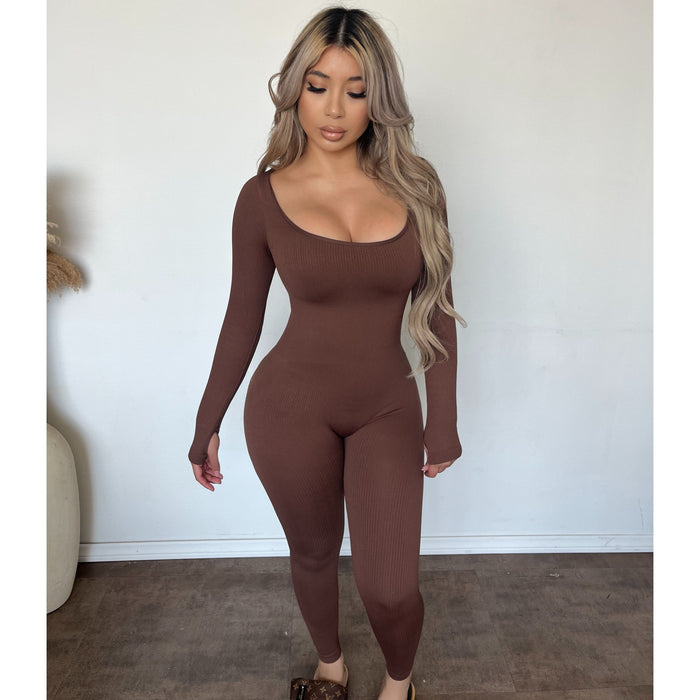 Mia Fitted Snatched Ribbed Long Sleeve Jumpsuit (Deep Taupe)