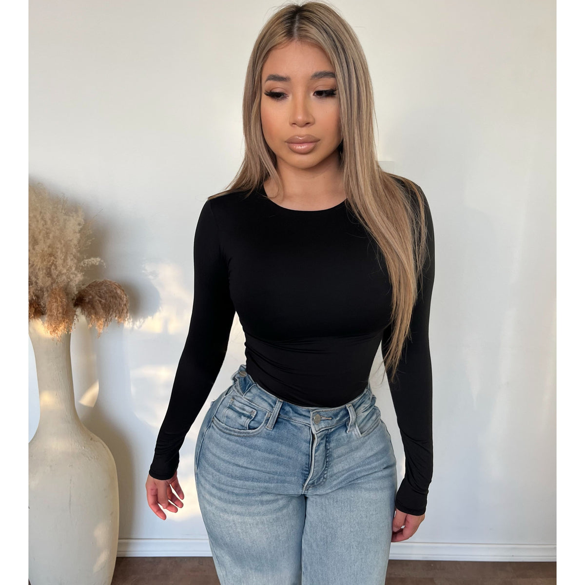 Alicia Long Sleeve Round Neck Basic Top (Black)