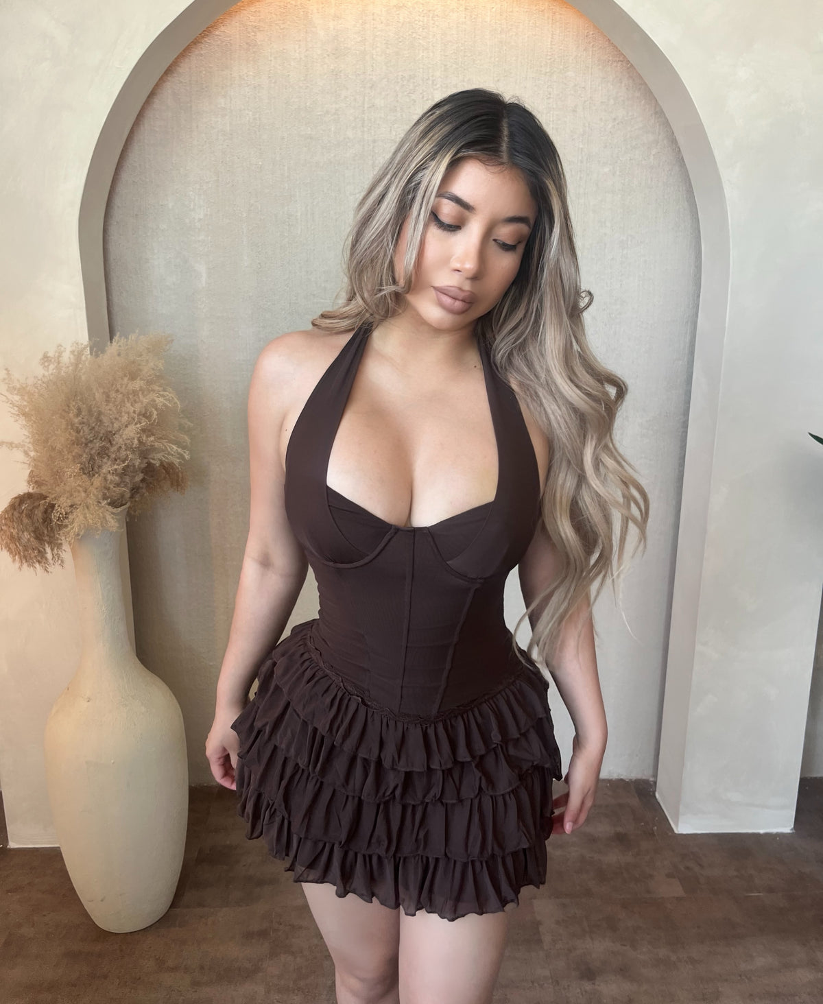 Alyssa Halter Neck Mini Dress W Layered Skirt (Chocolate)