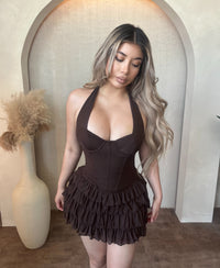 Alyssa Halter Neck Mini Dress W Layered Skirt (Chocolate)