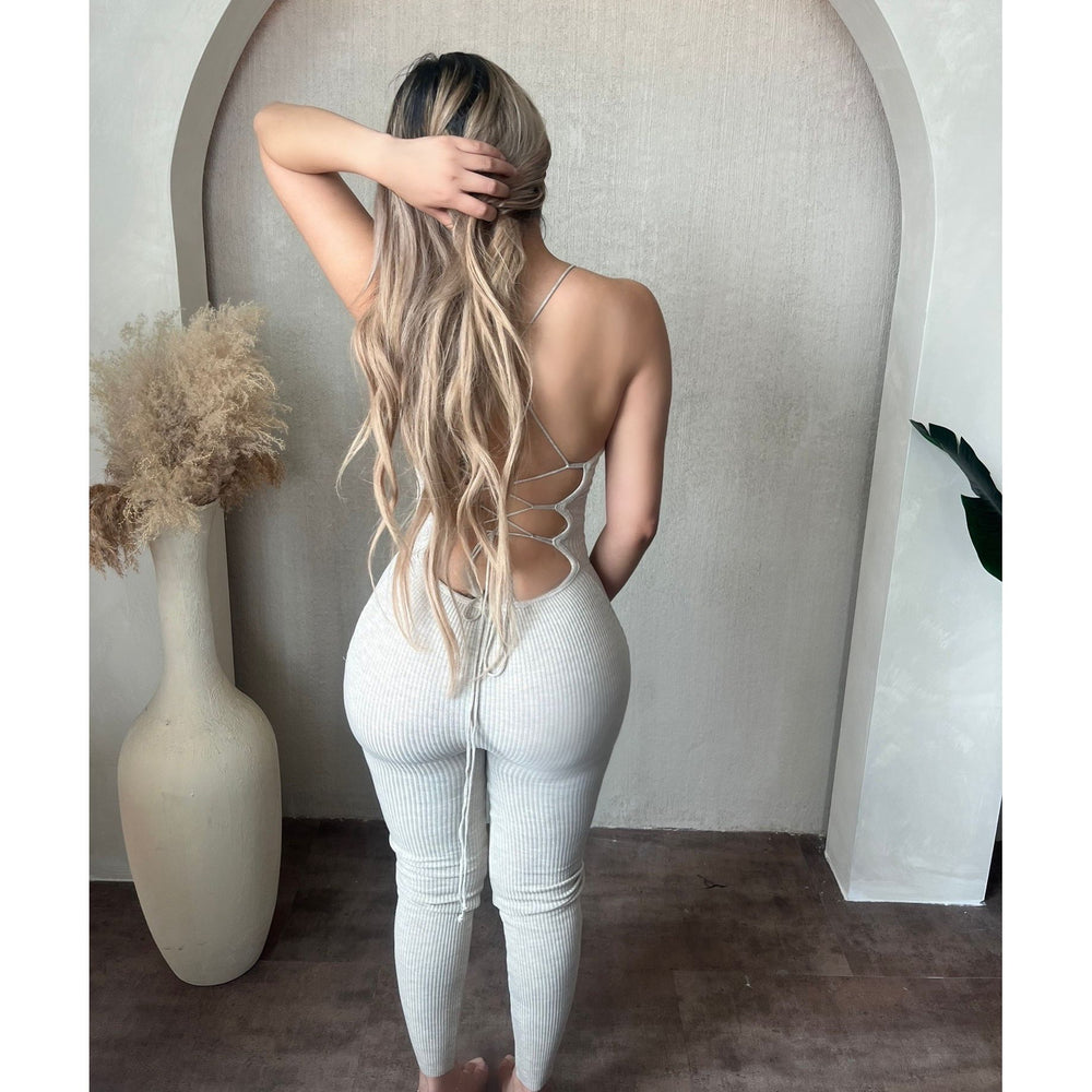 Doreen Chest Open Halter Neck Jumpsuit (Oatmeal)