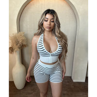 Teresa Zipper Halter Neck Biker Shorts Set (White/Black)