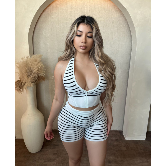 Teresa Zipper Halter Neck Biker Shorts Set (White/Black)