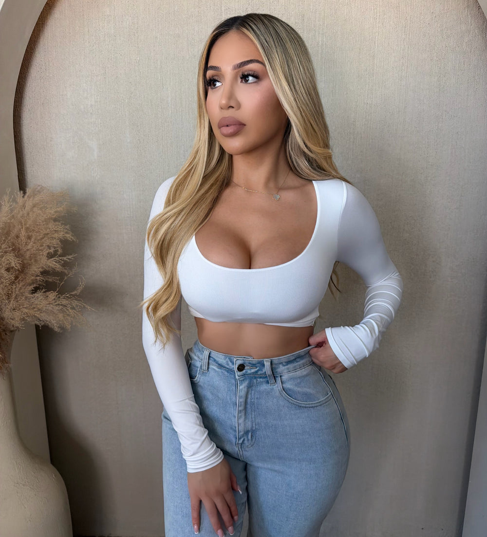 Angelica Deep Neck Long Sleeve Top (White)
