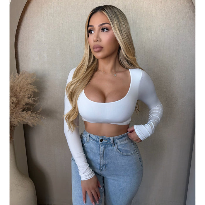 Angelica Deep Neck Long Sleeve Top (White)