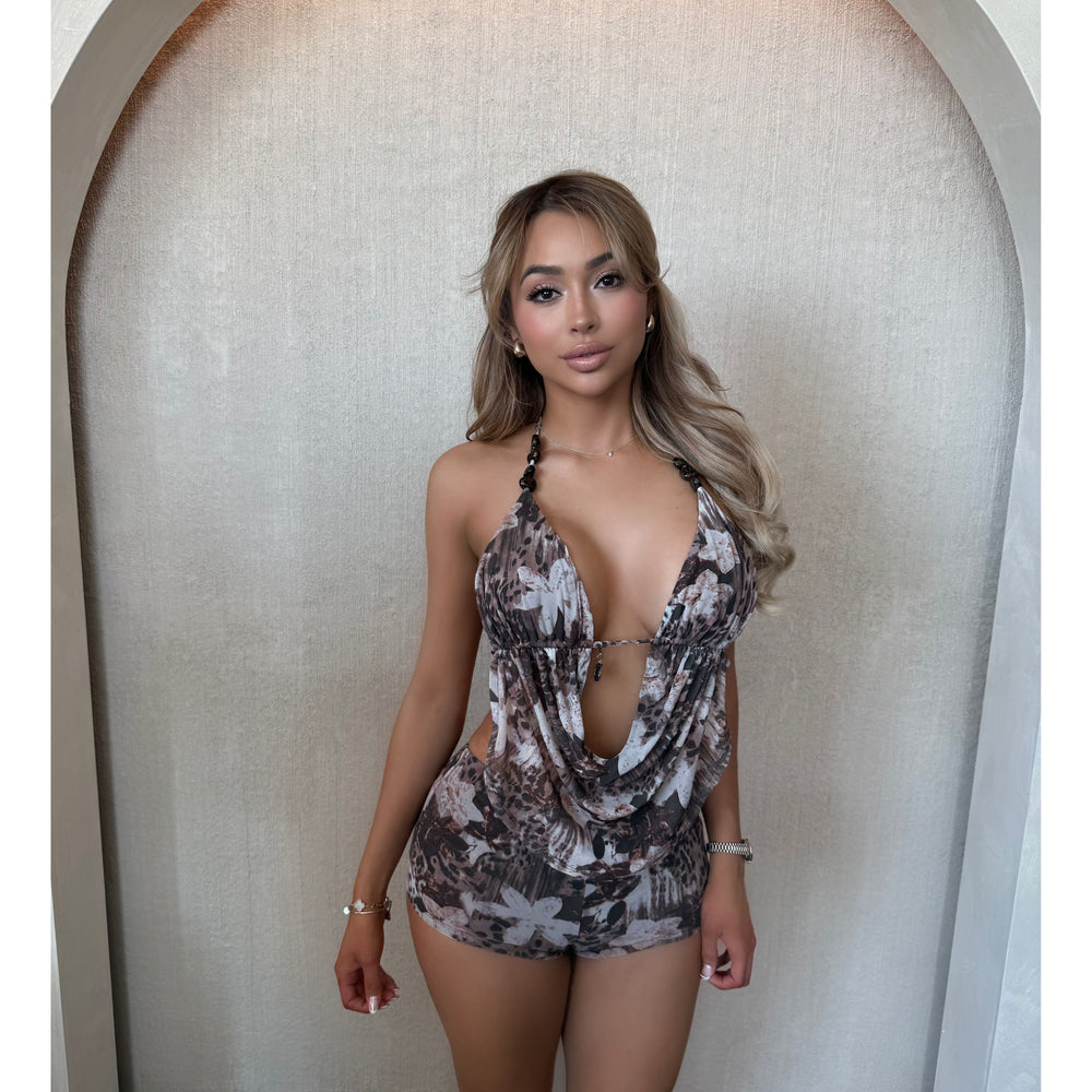 Ronica Halter Open Back And Shorts Set (Brown)