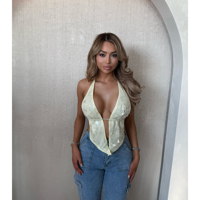 Ash Open Back Sequins Top (Lemon)