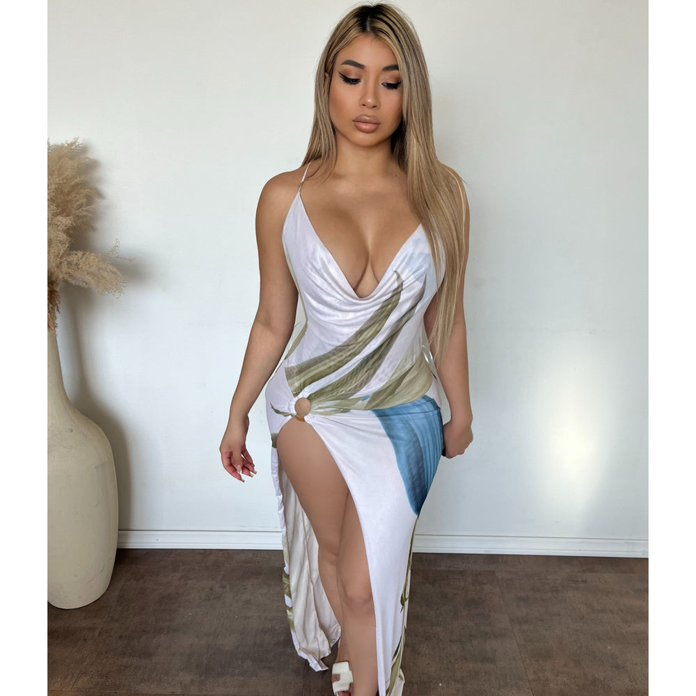 Jessica Tie Mesh Dress W Side Slit (Palm Tree)