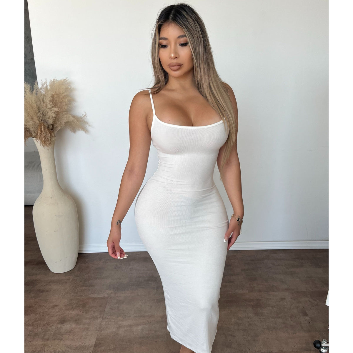 ribbed dress white Veronica Ribbed Maxi Dress (White)