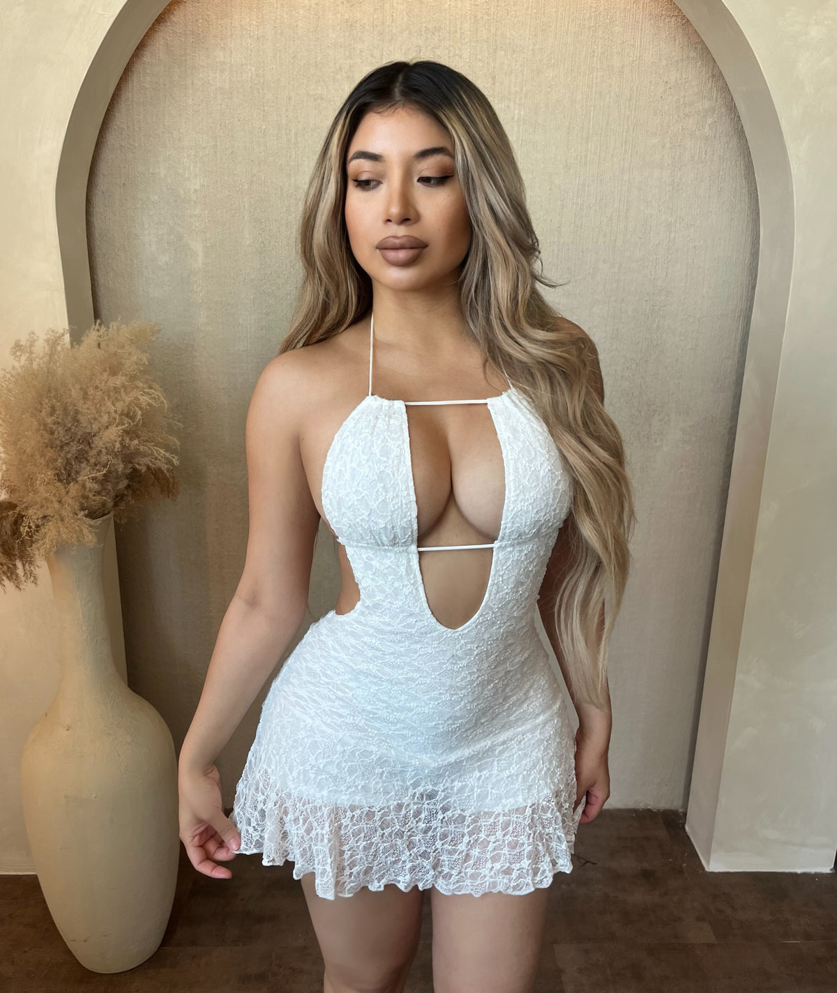 Halter Cut Out Open Back Dress (Ivory)