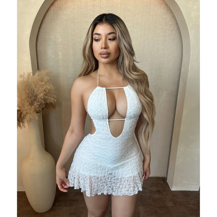 Halter Cut Out Open Back Dress (Ivory)