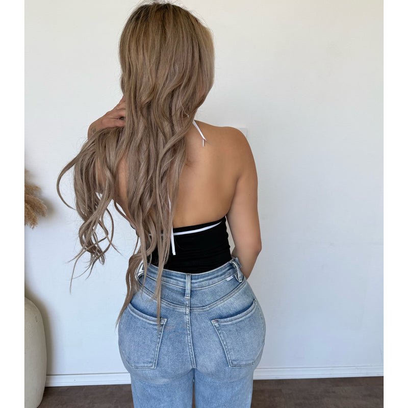 Lilah Halter Neck Binding Bodysuit (Black/White)