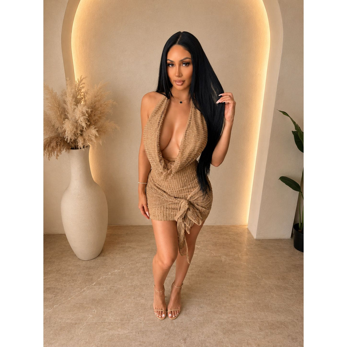 Crissy Cow Neck Halter Mini Dress (Camel)