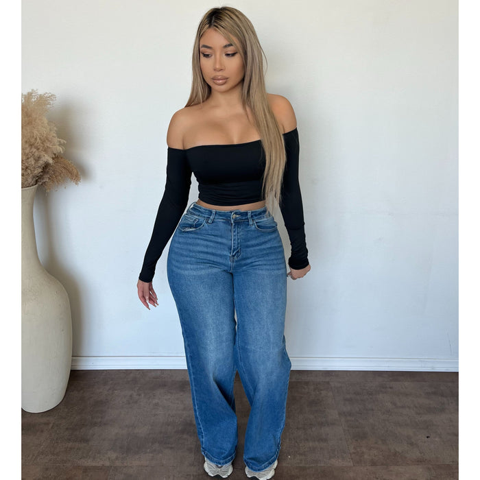 James Stretch Wide leg Denim Jeans (Medium Wash)