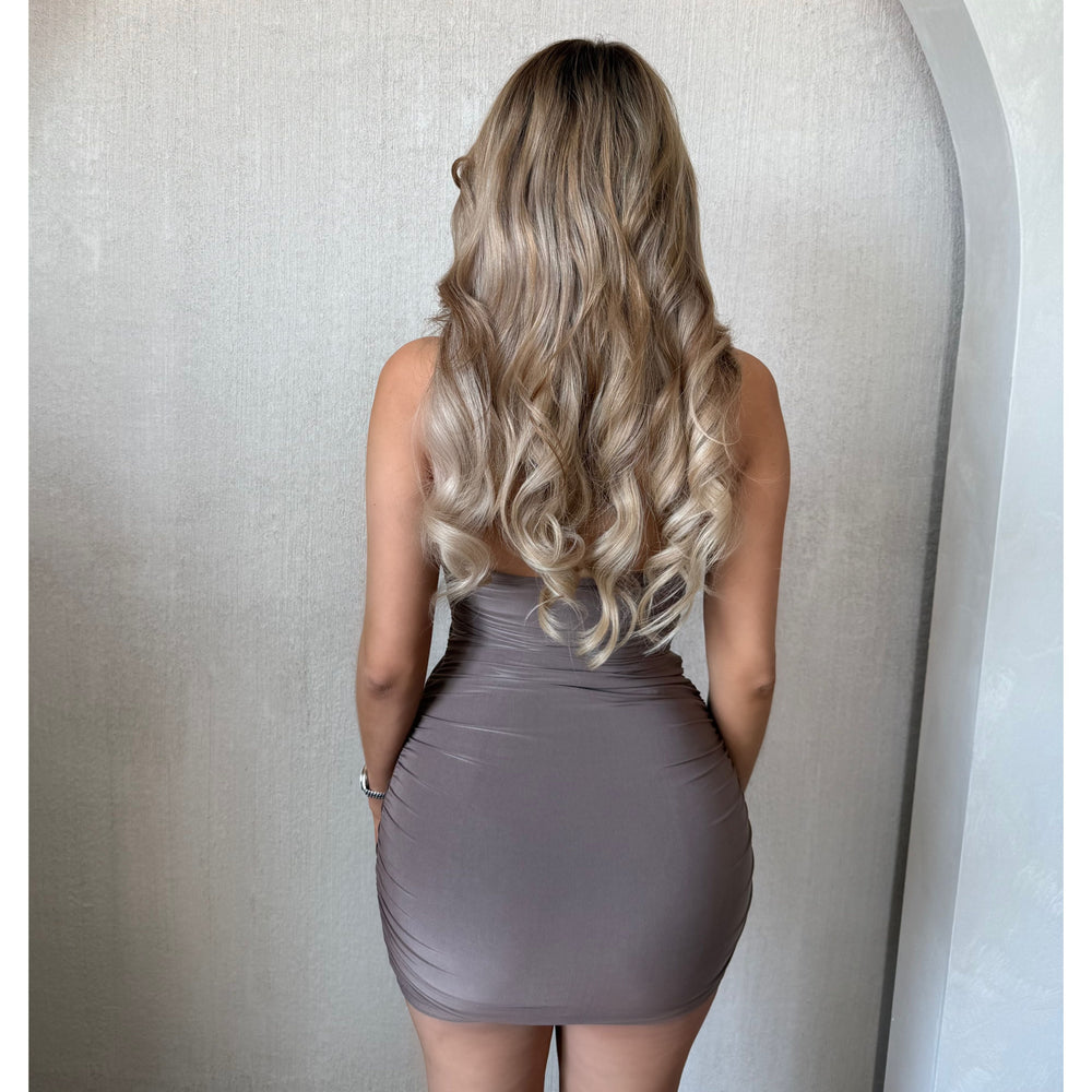 Riley Sleeveless Halter Open Back Ruched Mini Dress (Mocha)