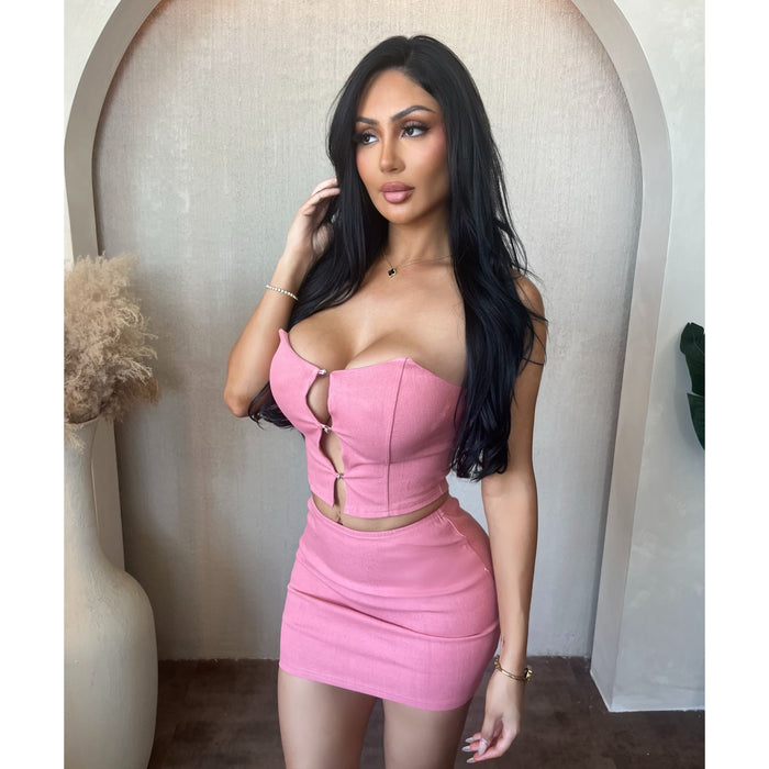 Heather Denim 2 Piece Set (Pink)