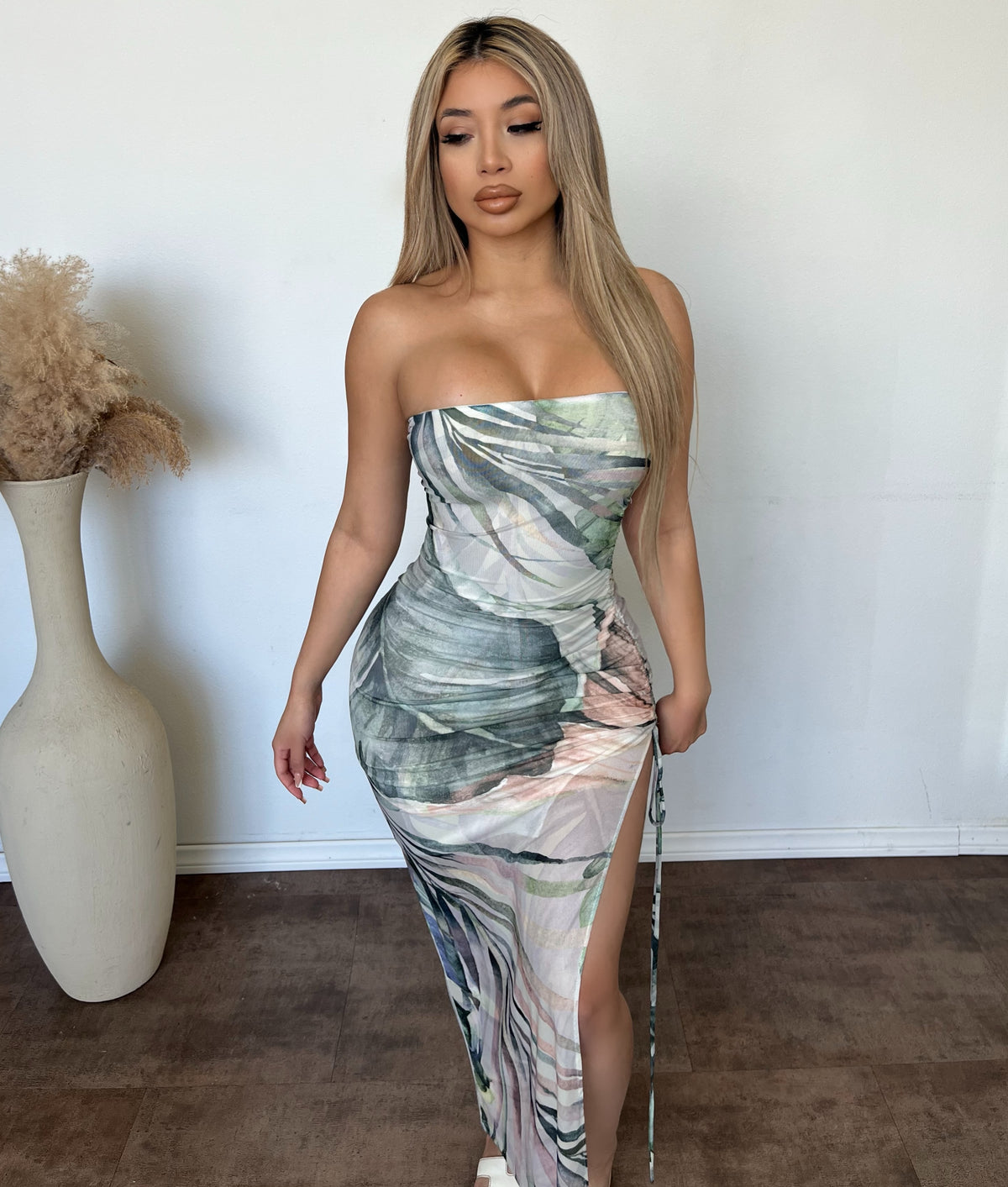 Karen Leaf Print Strapless Slit Maxi Dress (Ivory/Olive)