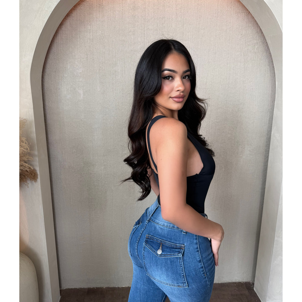 Stephanie Deep V Neck Bodysuit (Black)