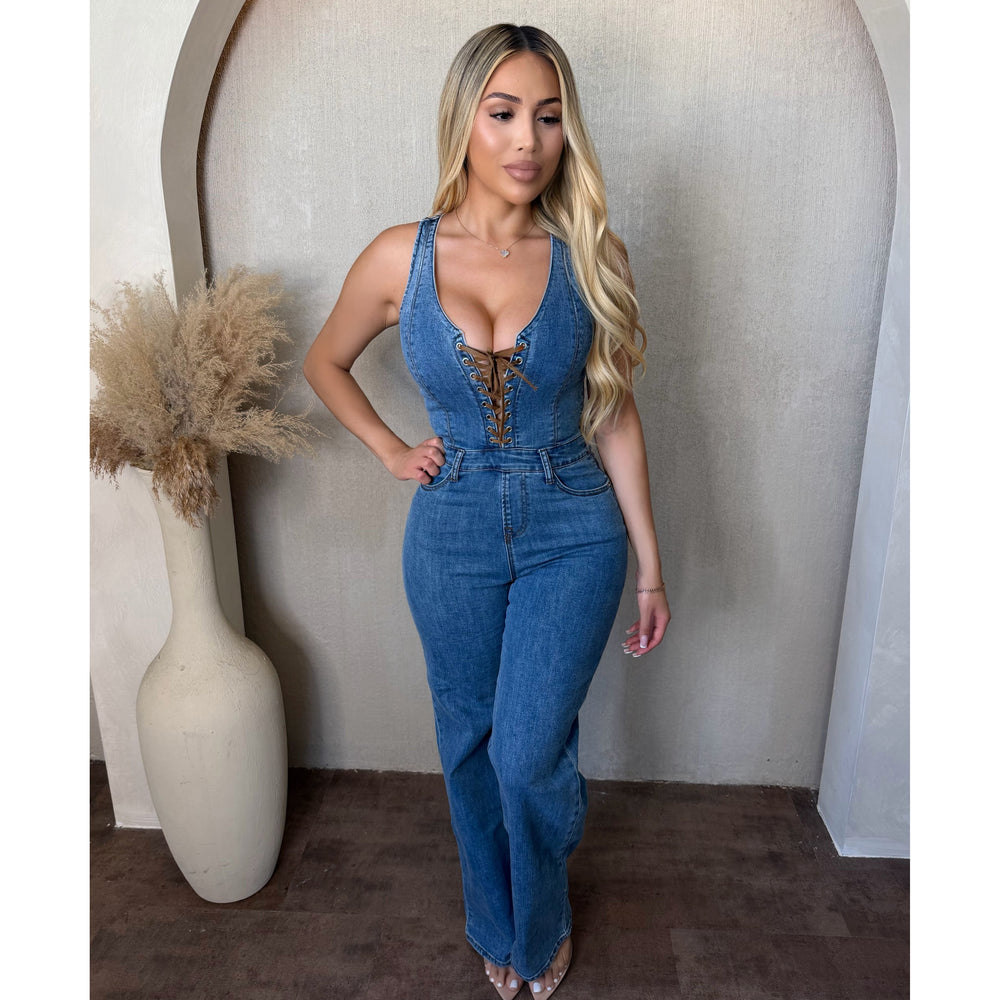 Steph Lace Up Denim Wide Leg Jumpsuit (Medium Denim)