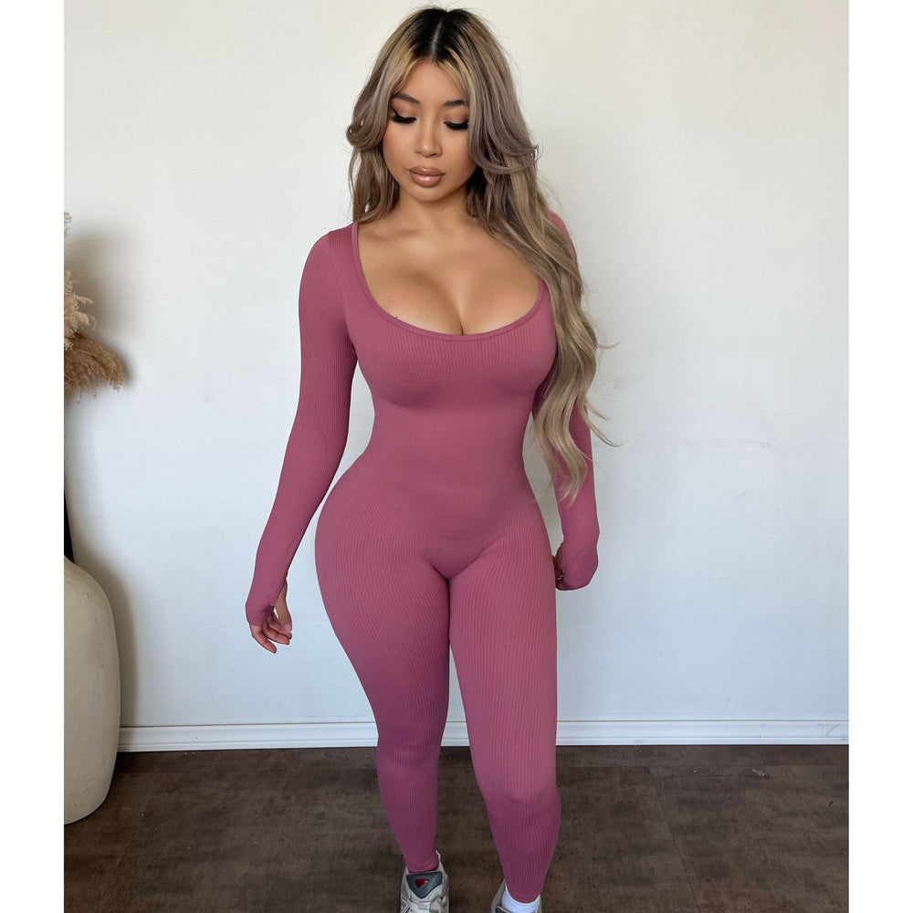 Mia Fitted Snatched Ribbed Long Sleeve Jumpsuit (Soft Mulberry)