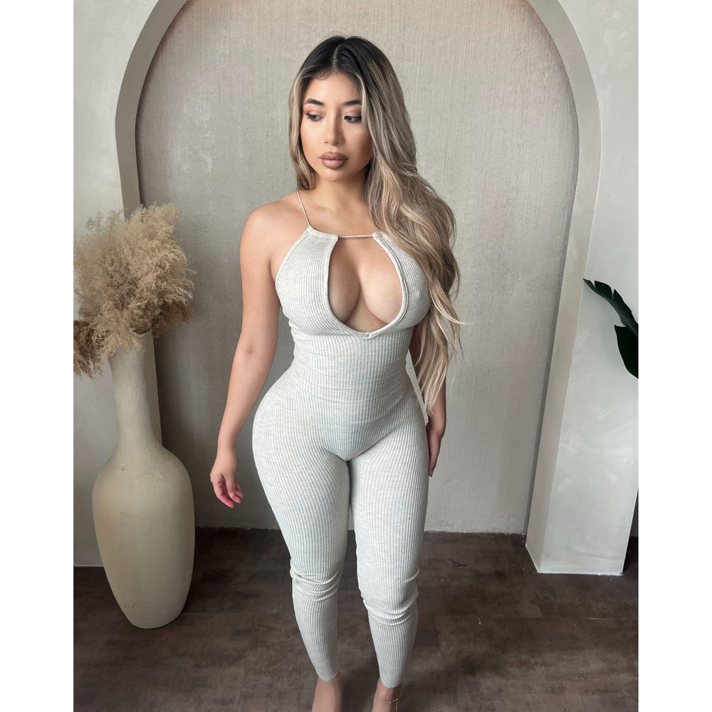 Doreen Chest Open Halter Neck Jumpsuit (Oatmeal)