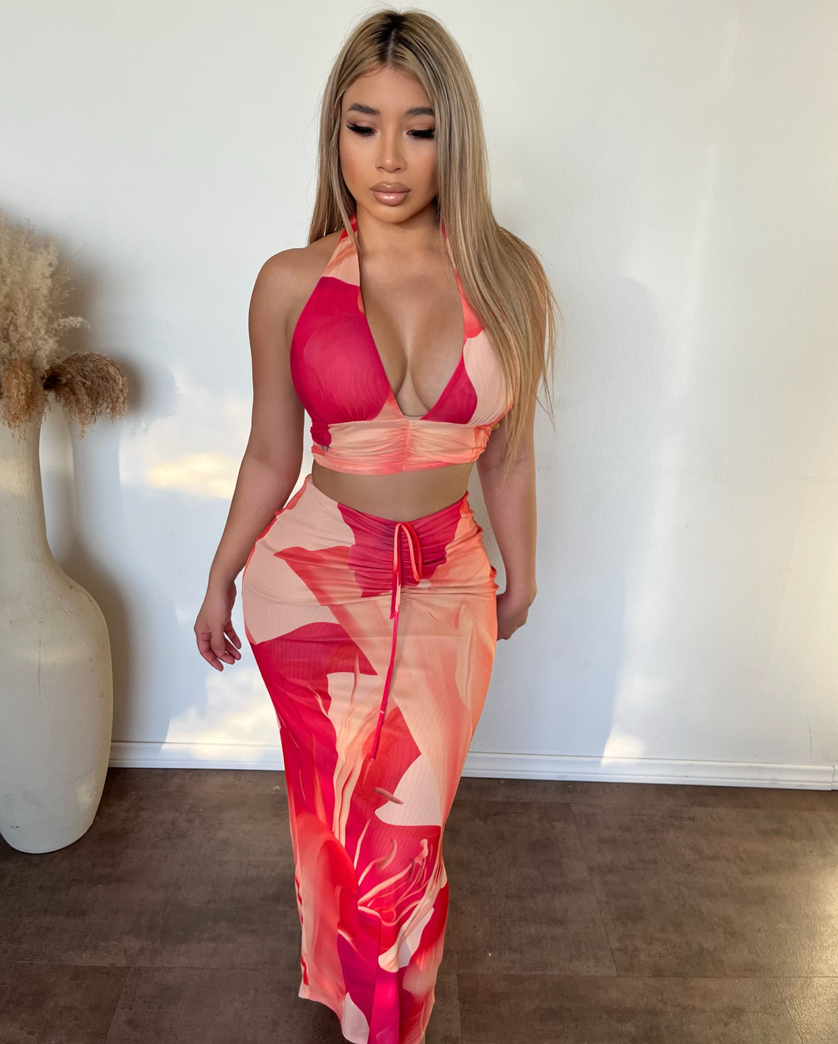 Nessa Halter Neck W Maxi Skirt (Coral Combo)