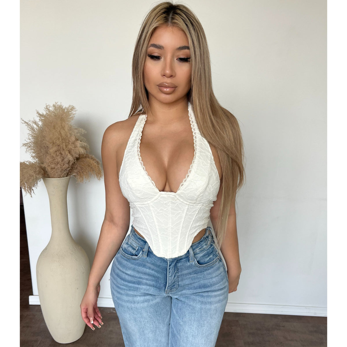 Amber Textured Lace Halter Top (Ivory)