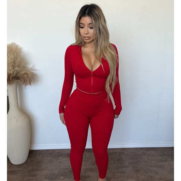 Bianca Snatched Zip Up Hoodie W Matching Leggings (Red)