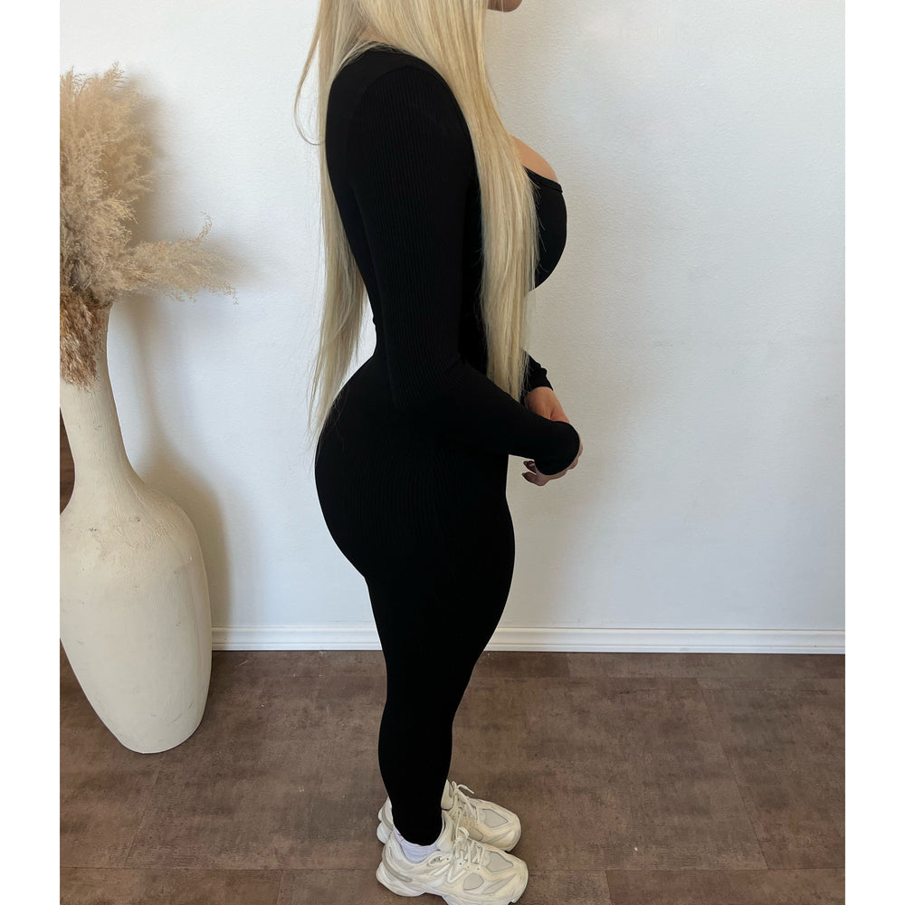 Bianca Snatched Square Neck Long Sleeve Jumpsuit (Black)