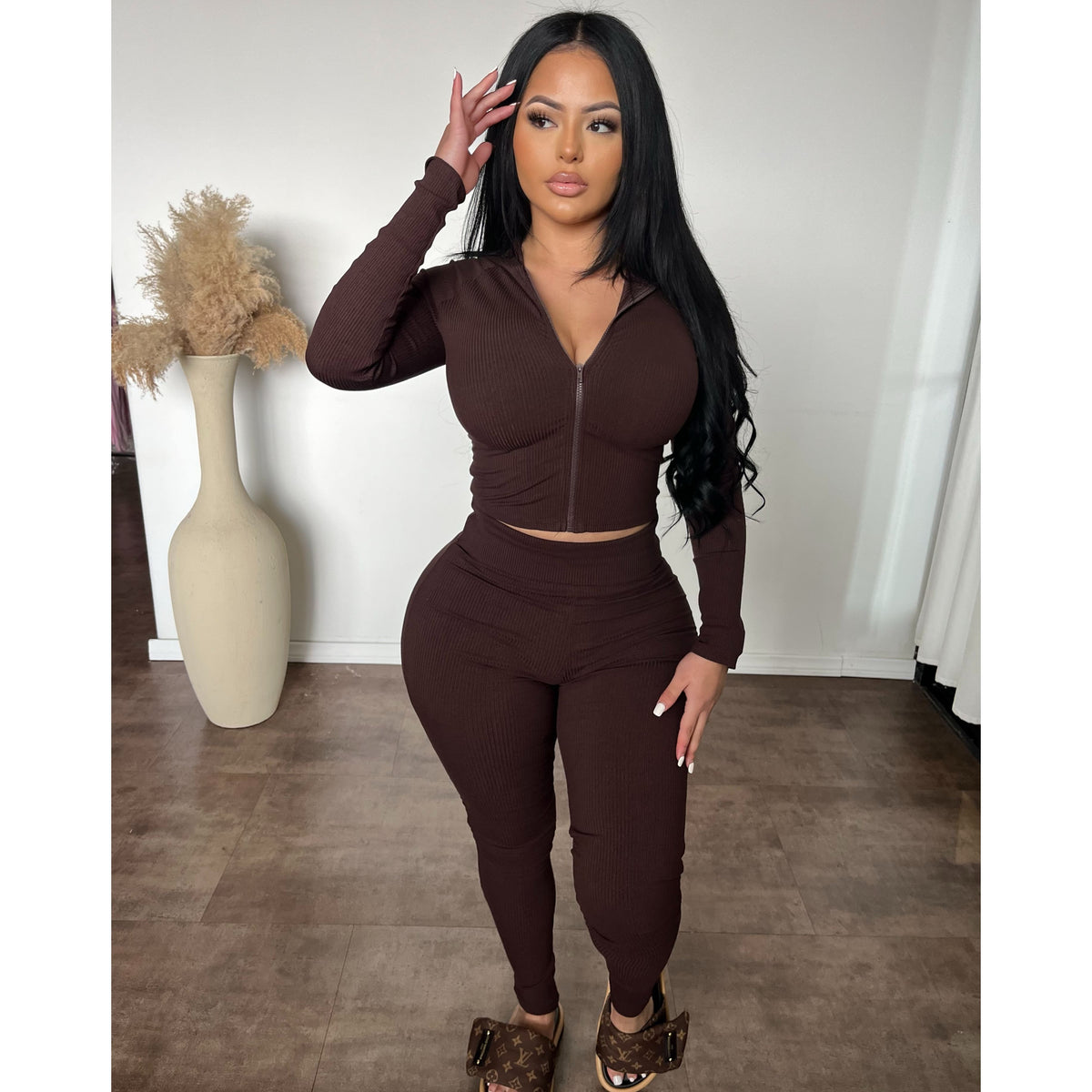 Bianca Snatched Zip Up Hoodie W Matching Leggings (Chocolate)