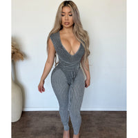 Amanda Deep v neck Front Lace Up Jumpsuit (Multi Grey)
