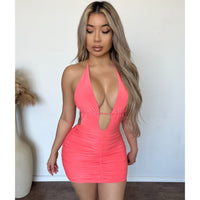 Desi Halter Plunge Open Back Mini Dress (Coral)