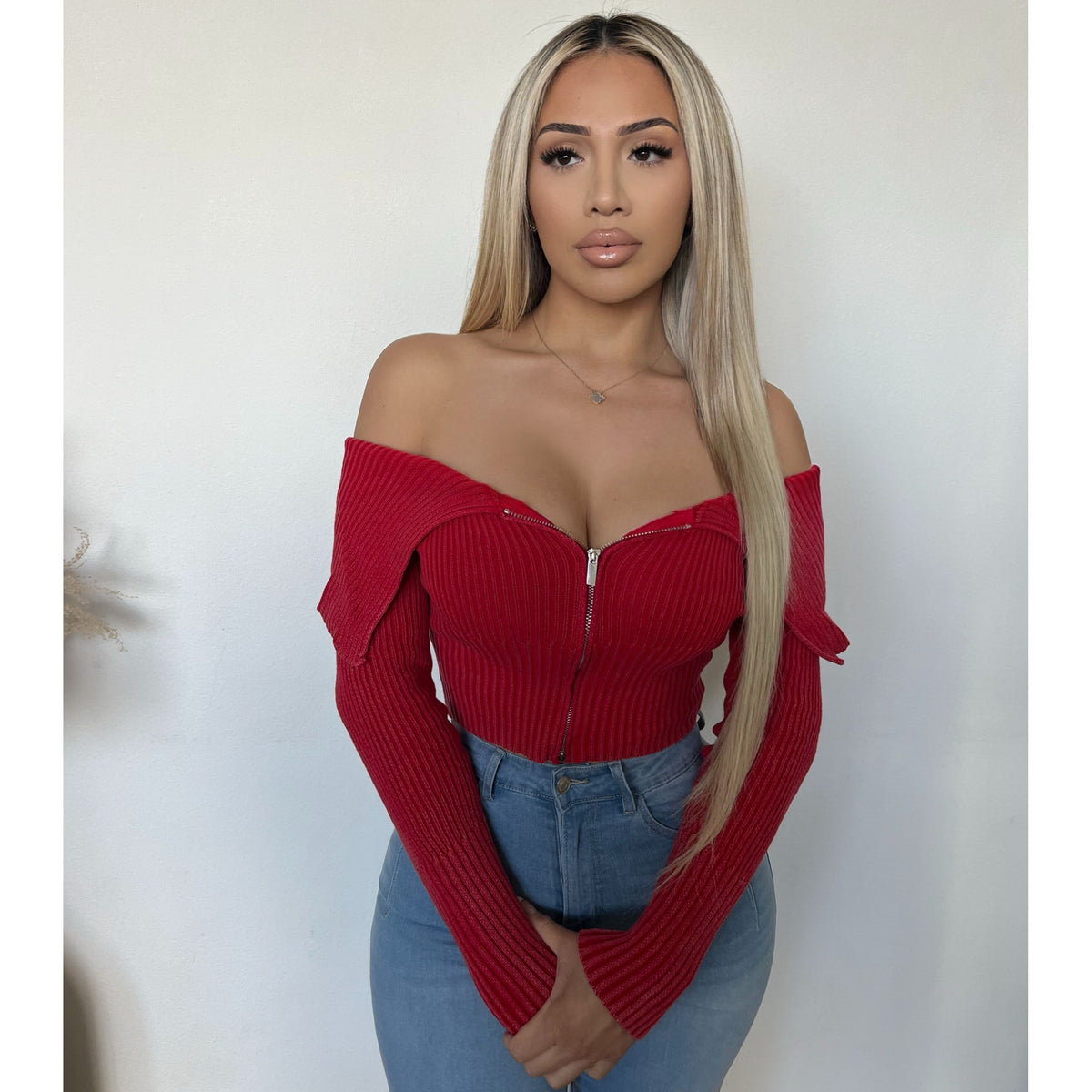 Desire Washed Folded Zipper Sweater (Red)